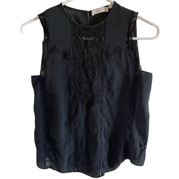 ALC Blouse Womens 0 Penny Lace Black Silk Blouse Sleeveless Dark Fairy Goth Work - Picture 1 of 6